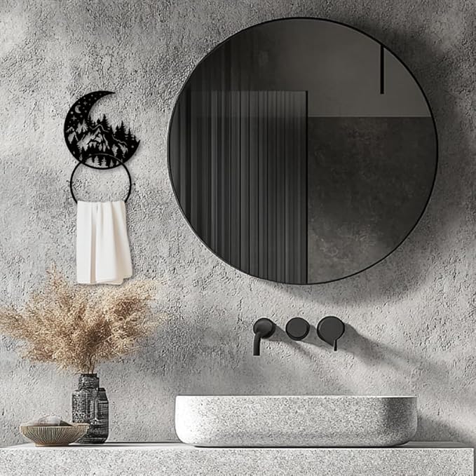 MAYJOYDIY Moon Forest Metal Towel Ring Mountain Landscape Towel Holder Moon Star Towel Ring Black Art Towel Rack Wall Mounted for Bathroom Kitchen Towel Hanger Home Decors Gift