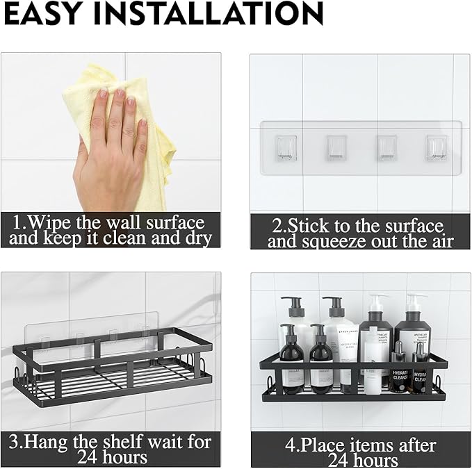 Youvip Shower Caddy 6 Pack, Adhesive Shower Shelves with Soap Holder, No Drilling Rustproof Large Capacity Bathroom Organizers and Storage, Black