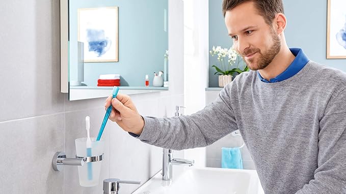 tesa EXXCELLENT Toothbrush Holder - Self-Adhesive, Stainless-Steel Tooth Brush Holder with Frosted Glass Cup - Waterproof, incl. Power.Kit Adhesive Solution - 125mm x 130mm x 105mm