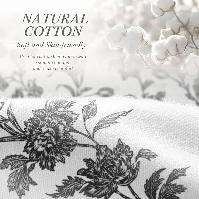 Black and White Floral Shower Curtain,Vintage Cotton Cottagecore Gray Shower Curtains for Bathroom, 72" W x 72" L
