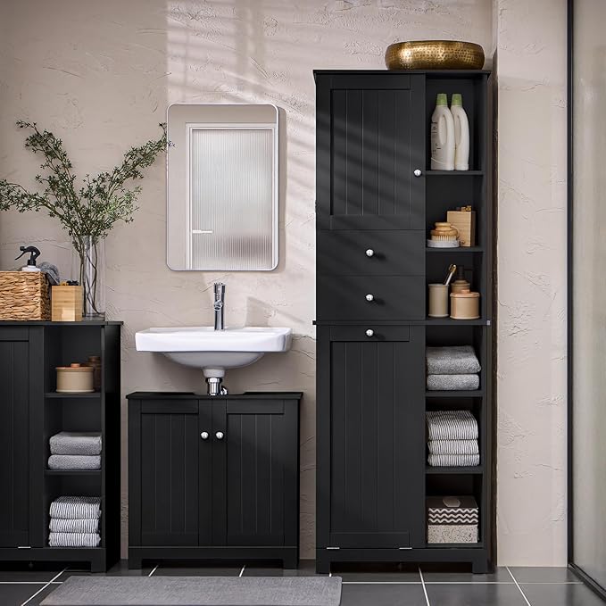 SoBuy Tall Tilt-Out Laundry Hamper Cabinet with Removable Basket and Shelves, Freestanding Laundry Storage Cabinet for Laundry Room or Bathroom, Black BZR104-SCH