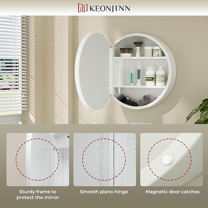 Keonjinn Round LED Medicine Cabinet 24 Inch, White Lighted Medicine Cabinet for Bathroom with Mirror, Circle, Electrical Outlet, 3 Color Lights, Anti-Fog, Dimmable, Surface Mount Only