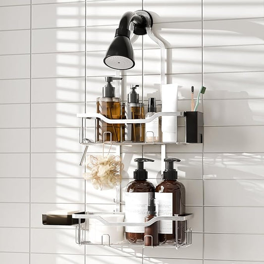Hanging Shower Caddy Over Showerhead, 2 Tier Rustproof Bathroom Shower Organizer, No Drill Shower Rack with Soap Dish, Toothbrush Holder and 12 Hooks,Silver