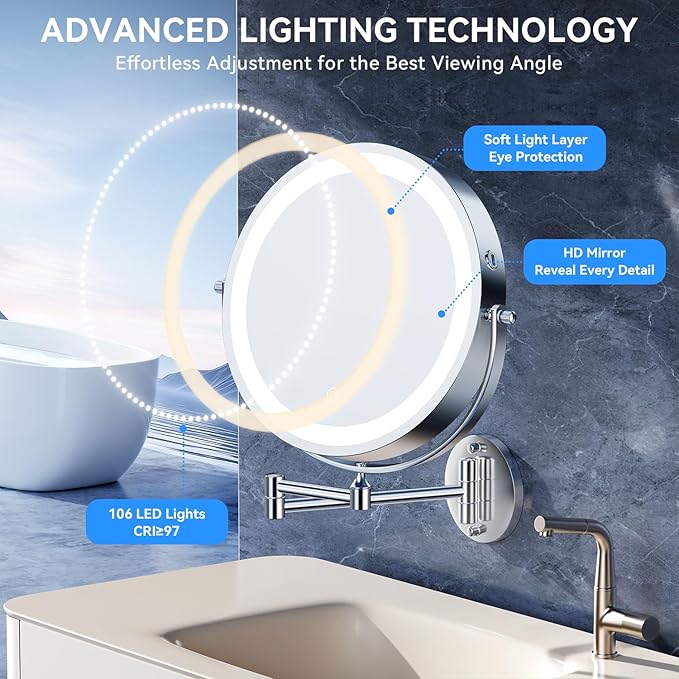 9'' 30X/1X Wall Mounted Lighted Makeup Mirror, 5000mAh Rechargeable Double-Sided Magnifying Mirror with Light, Bathroom Mirror Touch Dimmable 3 Colors 360° Rotation Extended Arm, Power Adapter