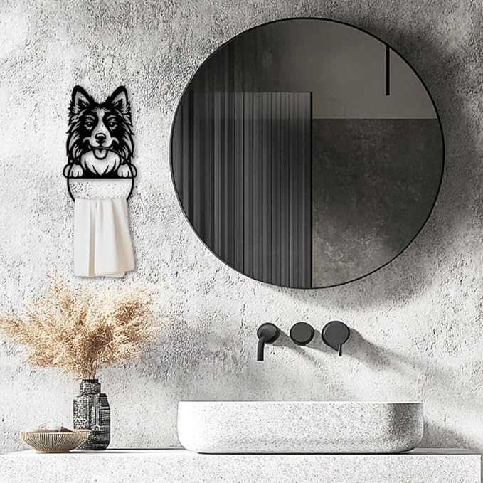 MAYJOYDIY Dog Metal Towel Ring Cute Shepherd Dog Towel Holder Wall Mounted Animal Theme Bath Towel Ring Black Art Towel Rack for Bathroom Kitchen Towel Hanger Home Decors Gift