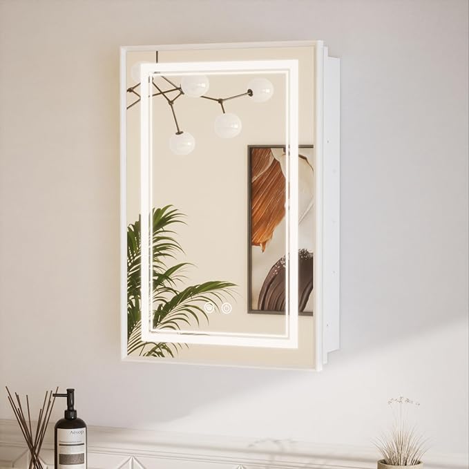 TETOTE White Lighted Medicine Cabinet with Tempered Glass Mirror 16 x 24 White Metal Led Recessed Medicine Cabinet for Bathroom with Lights and Storage, 3 Color Dimming, Anti-Fog, 2 Outlets