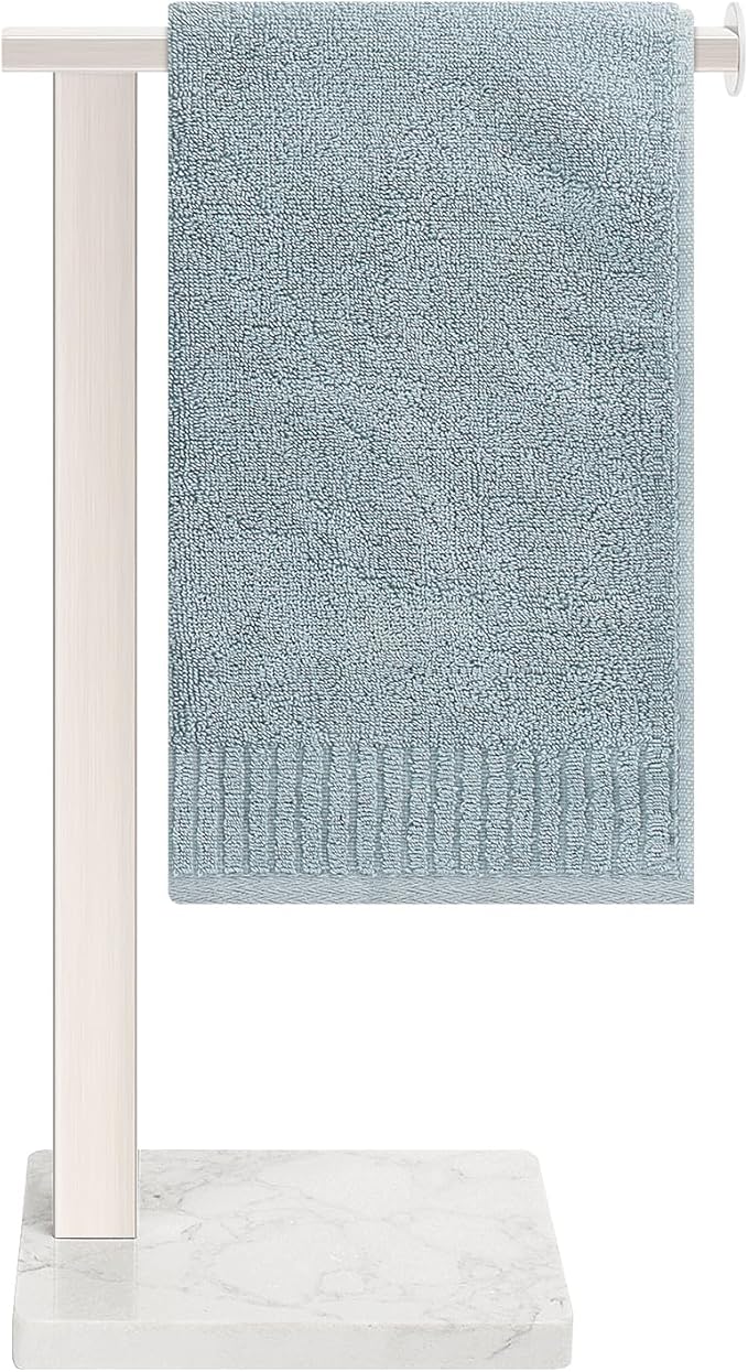 HarJue Hand Towel Holder Stand, 14.5" Hand Towel Rack with Weighted Marble Base, 304 Stainless Steel L-Shape Standing Towel Bar for Vanity Bathroom Kitchen Countertop (Brushed Nickel)
