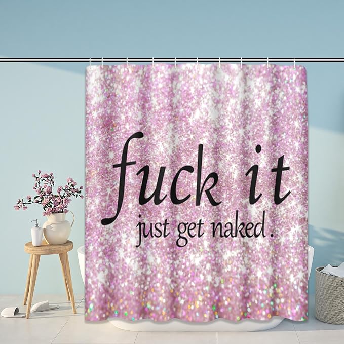 ArtSocket 4PC Pink Funny Get Naked Shower Curtain Sets Diamond Gold Bathroom Decor with Rugs, Non-Slip Rug,Toilet Lid Cover, Bath Mat and 12 Hooks 72x72 inches