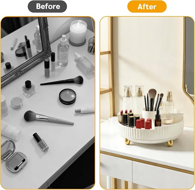 Rotating Makeup Organizer with Brush Holder Spinning Tray for Cosmetics, Skincare, Perfume Bathroom Vanity Storage, White