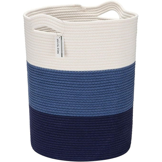 Sea Team Large Size Cotton Rope Woven Storage Basket with Handles, Laundry Hamper, Fabric Bucket, Drum, Clothes Toys Organizer for Kid's Room, 20 x 14 inches, Round Open Design, White & Navy