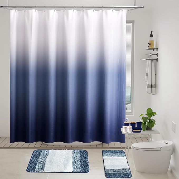 XLHOMO Navy Blue Bathroom Accessories Set with Wicker Trash Can Shower Curtain and Rugs,Bathroom Sets Small Waste Basket Bathroom Trash Can for Bedroom Bathroom