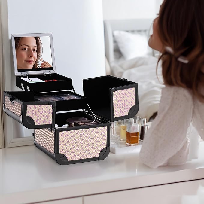BYOOTIQUE Makeup Train Case with Mirror Cosmetic Box for Nail Art Deco Tyrian
