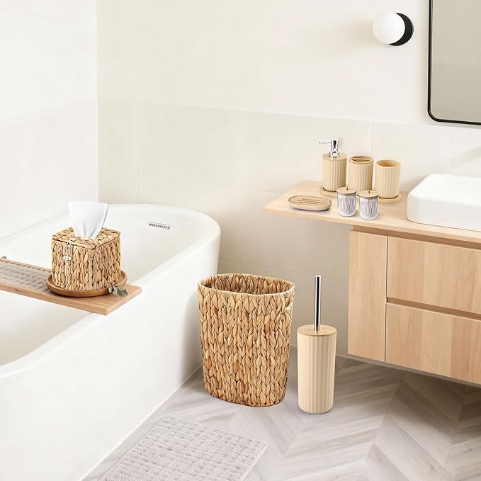 Bathroom Accessories Set,10PC Wicker Home Set with Trash Can, Tissue Box,Tray, Soap Dispenser, Soap Dish, Toothbrush Holder, Toothbrush Cup,Toilet Brush and Qtip Holders (Ratten, Beige)