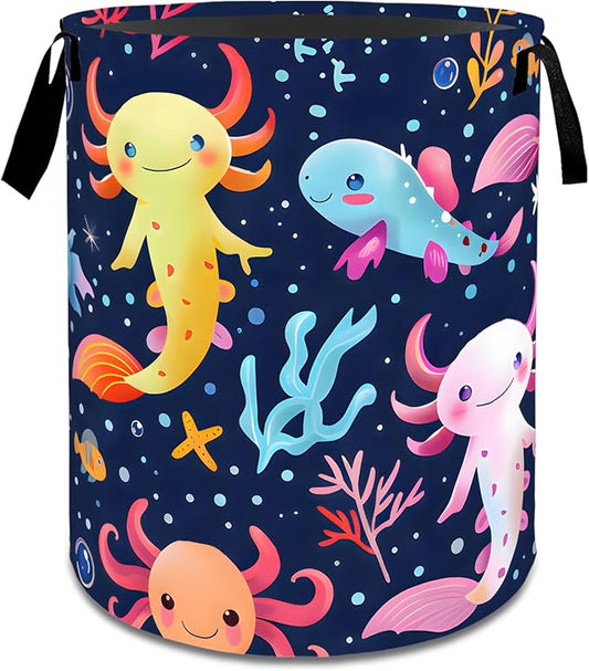 Colorful Axolotl Laundry Basket,Dirty Clothes Hamper,Underwater Marine Life Storage Bin,Ocean Lovers Gifts,Waterproof Oxford Cloth Baskets for Bathroom,Bedroom,Home Decoration(19.7" x 15.8")