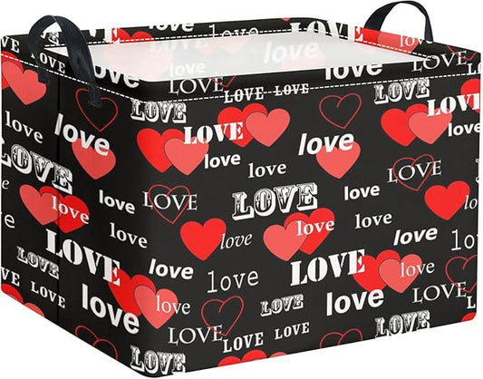 Rectangular Valentines Basket for Home Kitchen Girls Cute Kids Storage Bin Organizer Shelf Book Room Decor(Black Red Love)