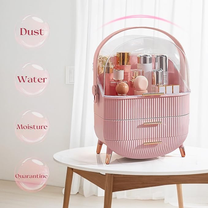 RMAN Makeup Organizer for Vanity Make up and Cosmetics Storage with Lid and Drawers Skincare Organizers Display Cases for Countertop Bathroom Dresser(Pink)