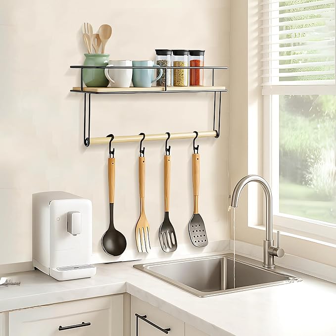 Hand Towel Holder with Wooden Shelf – Wall-Mounted Bathroom Shelf with Towel Bar - Perfect for Shower, Kitchen and Toilet - Matte Black