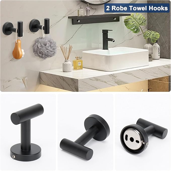 NearMoon 5 Pieces Bathroom Hardware Set SUS304 Thicken Stainless Steel-Towel Rack Kit Include 24" Towel Rod + Bath Towel Ring + Toilet Paper Holder + Robe Towel Hooks Bath Accessories (Matte Black)