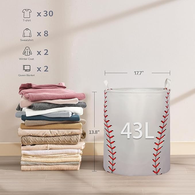 2Pcs Basketball Cute Kids Laundry Basket Baby Nursery Hamper Boys Room Decor Foldable Oxford Cloth Funny Tote Clothes Storage Bucket Organizer For Bedroom (Baseball)