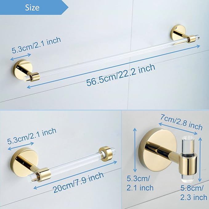 Bathroom Accessories Set Acrylic Gold - Towel Bar Rack Toilet Paper Holder Towel Hook - Wall Mounted Bathroom Hardware Set 3 Pieces SHUNLI