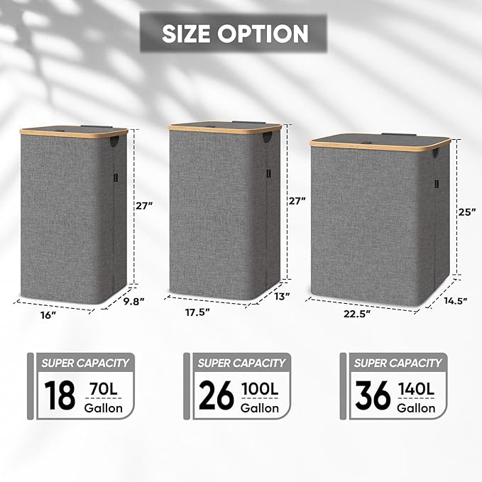 BALEINE Laundry Hamper with Lid, Tall Laundry Baskets with Bamboo Pull Handles, Large Laundry Bin with Internal Support (26 Gal/100L, Blue)