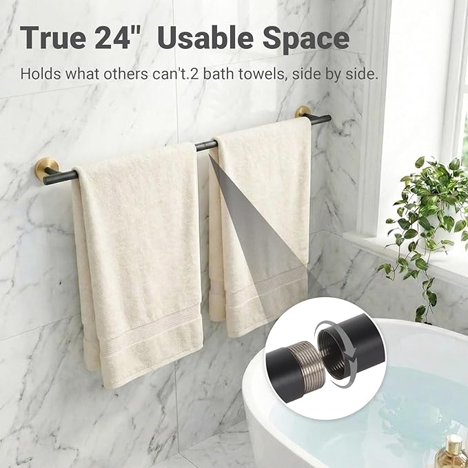 24 Inch Usable Towel Bar, 5-Piece Matte Black and Gold Bathroom Accessories, SUS304 Stainless Steel Towel Ring Holder, Toilet Paper Holder with 2 Hooks, Wall Mounted Modern Bathroom Hardware Set