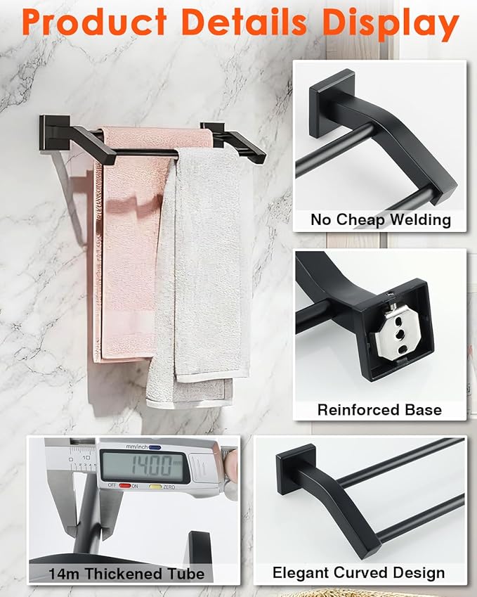 Alise Double Bath Towel Bars Towel Racks for Bathroom,Wall Mount Towel Holder Heavy Duty 16-Inch Towel Hanger Rail,SUS304 Stainless Steel Matte Black