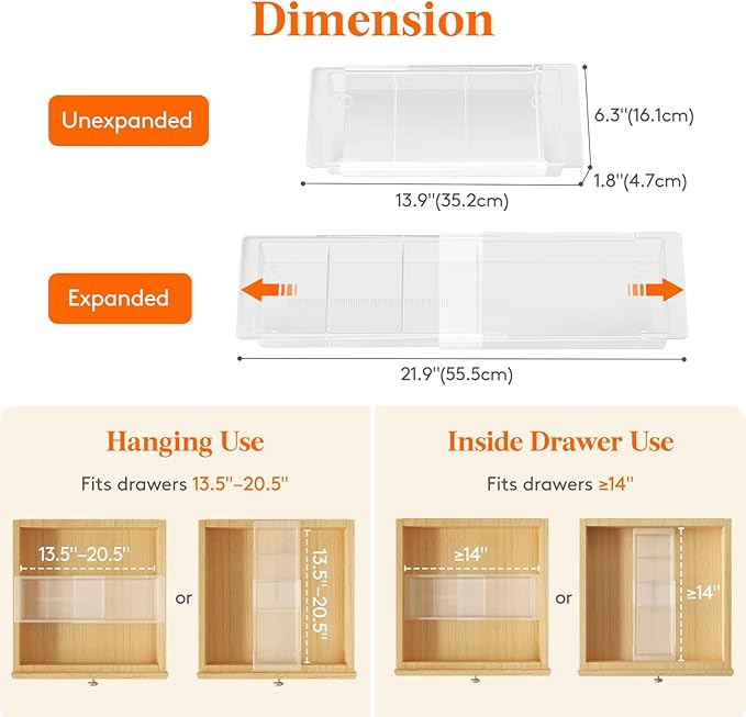 Lifewit Sliding Makeup Drawer Organizer, Fits 13-20" Deep Drawers, Extendable Hanging Divider, 1.8" High Plastic Tray for Vanity, Office, Kitchen, White,1Pcs