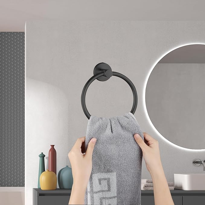 Towel Ring, Bathroom Hardware Accessories, Wall-Mounted Towel Ring, Simple Round Stainless Steel Towel Rack, for Bathroom and Kitchen (Black 2Pack)