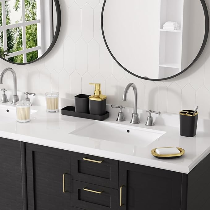 XLHOMO Black Bathroom Accessories Set, Black and Gold Bathroom Accessories with Trash Can, Tray, Soap Dispenser, Soap Dish, Toothbrush Holder, Toothbrush Cup,Toilet Brush and Qtip Holders