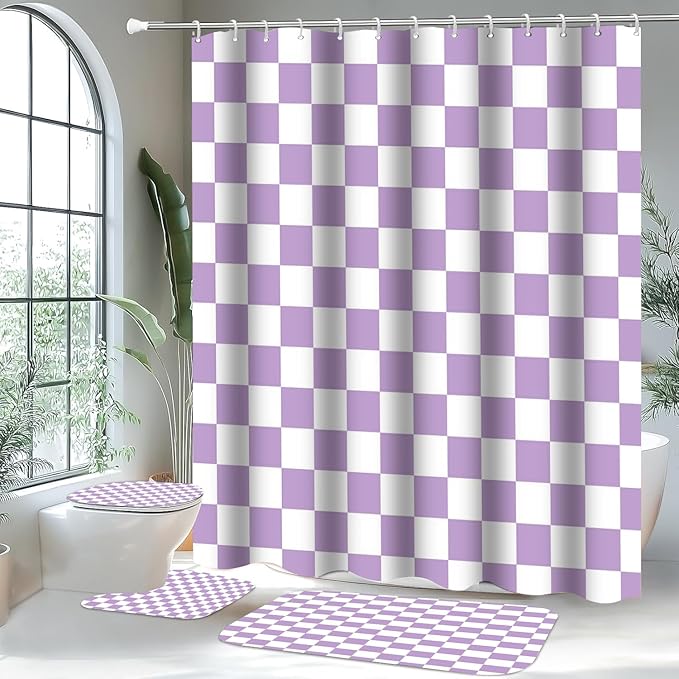 4 PCS Checkered Shower Curtain Sets Fun Gingham Bathroom Sets Soft Non Slip Bath Rugs Toilet Cover U-Shaped Mat Retro Bright Waterproof Shower Curtains with 12 Hooks for Tub Toilet, Purple