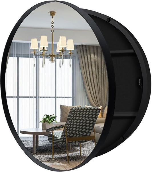 26 Inch Round Medicine Cabinet with Mirror, Black Farmhouse Bathroom Storage Cabinet, Metal Frame Circular Vanity Mirror Cabinet, Surface Mount Only – Ideal for Master Bathrooms