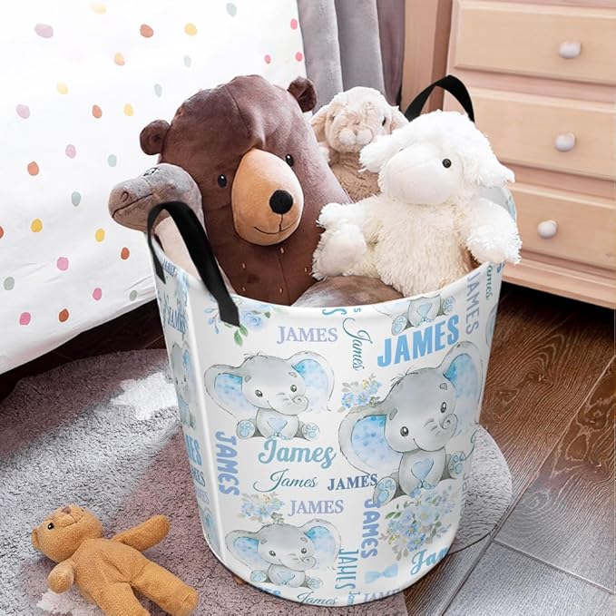 callie Personalized Elephant Laundry Basket for Kids Baby, Waterproof Collapsible Laundry Hamper, Clothes Toys Storage Bin for Bedroom Nursery (13.8" x 16.5", 15.7" x 19.6")