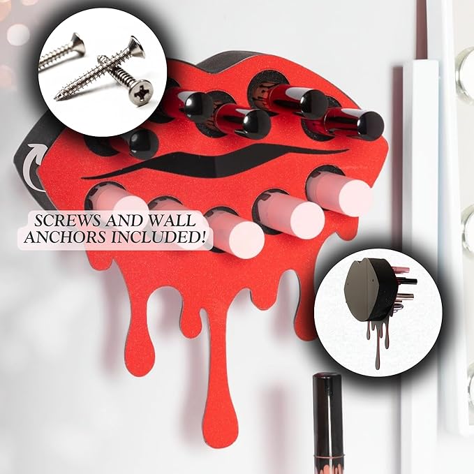 MAKEUP IN PLACE Fearless Lip Lipstick Organizer - Acrylic Lipstick Holder and Organizer for Women Patented Wall Mounted Minimalistic Design Saves Time - Holds 10 Items (Red Shimmer)