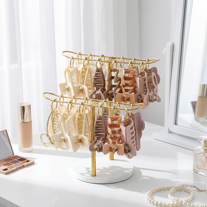 Lewtemi 2-tier Metal Claw Clip Organizer with 24 Golden Rings Hair Clip Holder Stand Claw Clips Storage Display Rack Hair Accessories Organizer Room Dressing Table Bathroom Decor for Women and Girls