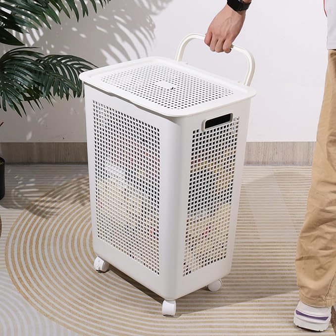 65 L Large Laundry Basket with Lids, Plastic Laundry Hamper with Wheels, 4 Packs