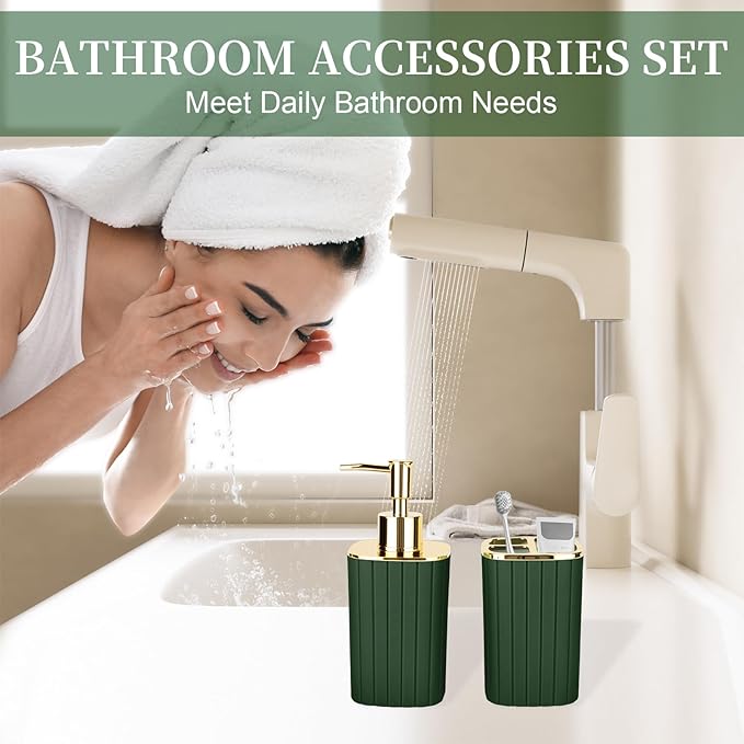 2PCS Bathroom Accessories Set, Dark Green Bathroom Accessories Include Soap Dispenser and Toothbrush Holder for Boho Bathroom Decor
