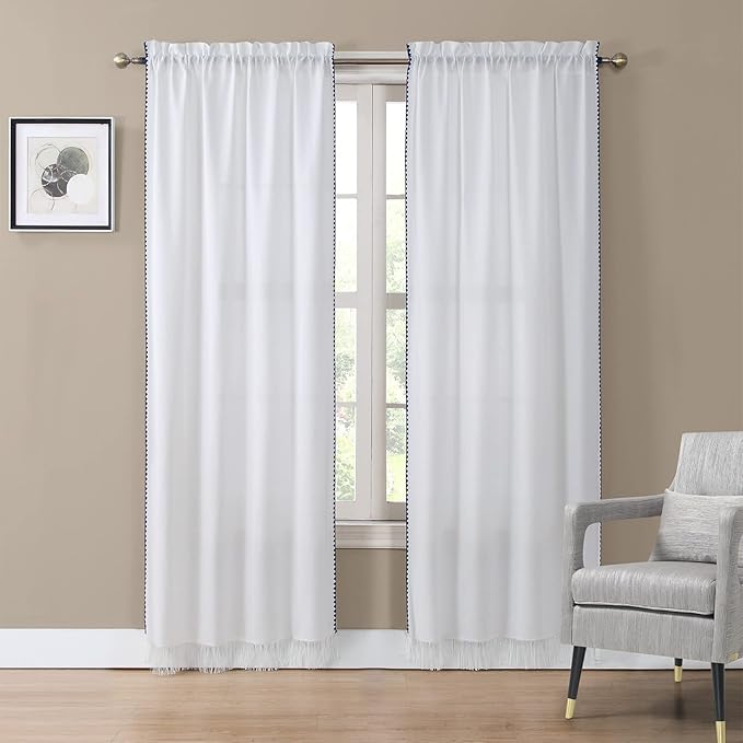 Arlene Blue Stitched Embroidery Edge Boho Window Curtain,White Tassel Panel Pair, Each 42" W x 84" L,Total 84" W x 84" L