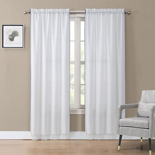Arlene Blue Stitched Embroidery Edge Boho Window Curtain,White Tassel Panel Pair, Each 42" W x 84" L,Total 84" W x 84" L