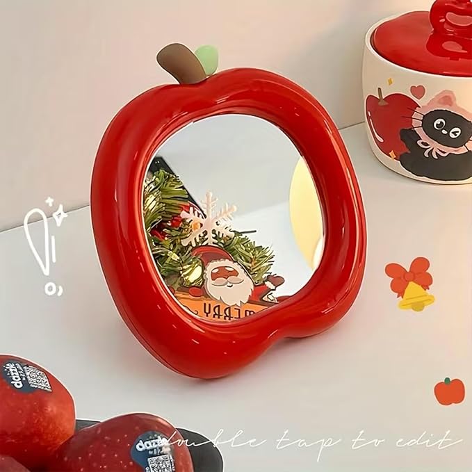 Apple Shaped Makeup Mirror - 6.22x6.3 Inch Portable Vanity Mirror with Stand, Cute Desk Decor for Bedroom, Bathroom & Office (Red)