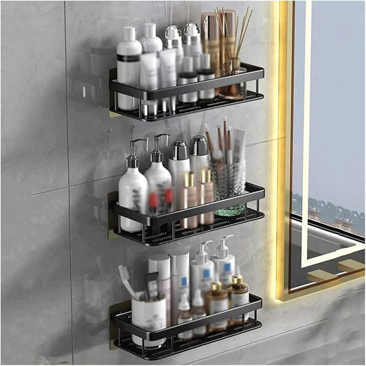 Bathroom Shelf, Storage Rack Toilet Simple Plastic Storage Rack Toilet Washstand Wall Mounted Storage Rack Non Perforated Storage Rack,Wall Shelves for Bathroom(Black,3)