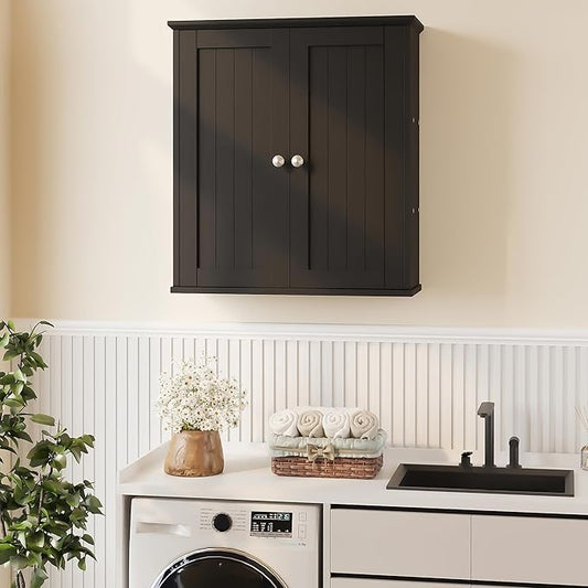 Walsunny Bathroom Medicine Cabinet Wall Mount with 2 Doors and 2 Shelves, Small Bathroom Cabinet Wooden Storage Cabinet Over Toilet Restroom Laundry Room Kitchen, Black