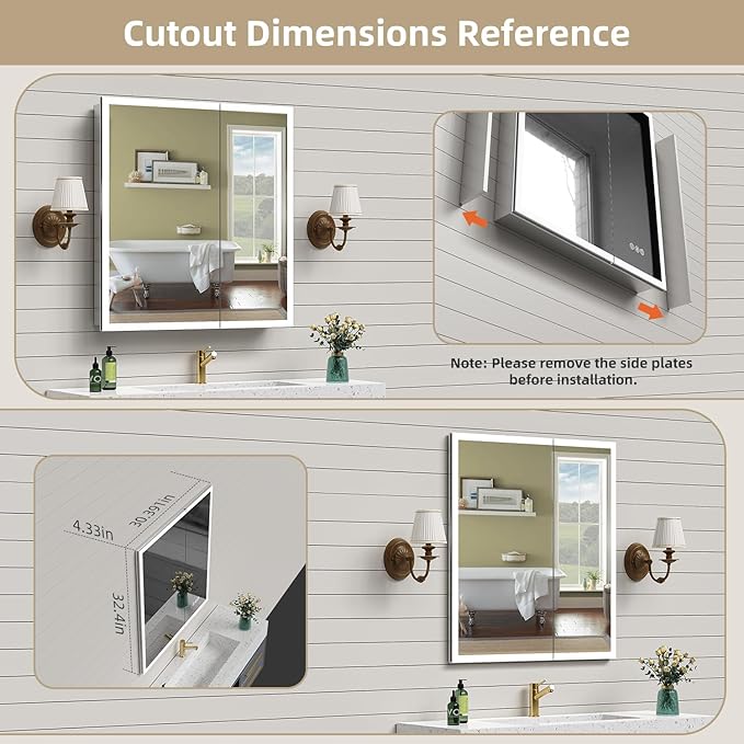 30" x 32" Bathroom LED Medicine Cabinet, Lighted Mirror with 3-Color Lights, Defogger, Stepless Dimming, Large Storage, Double Door