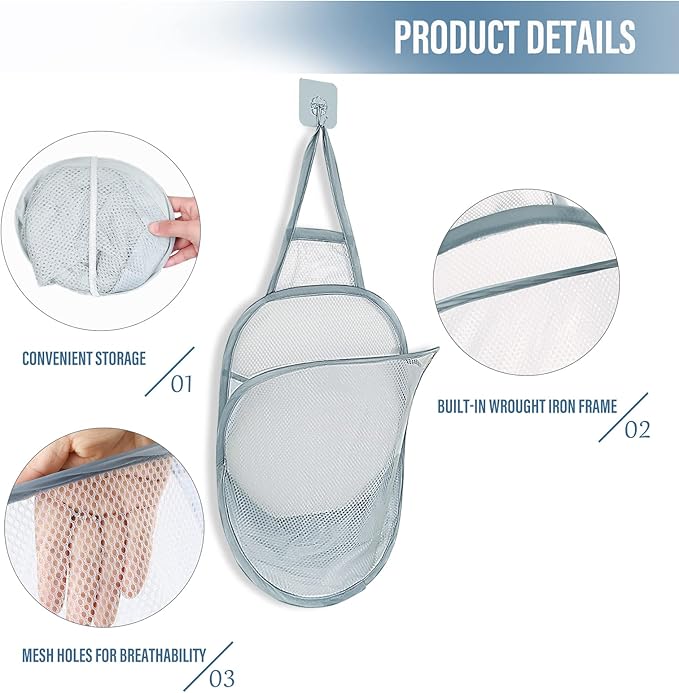 3 Pieces Hanging Laundry Hamper Foldable Mesh Hamper Dirty Cloth Basket with Carry Handle Door net Hampers for Store Cloth, Toy, Camping, Potato Chips,Home and Hotel Use(Grey)