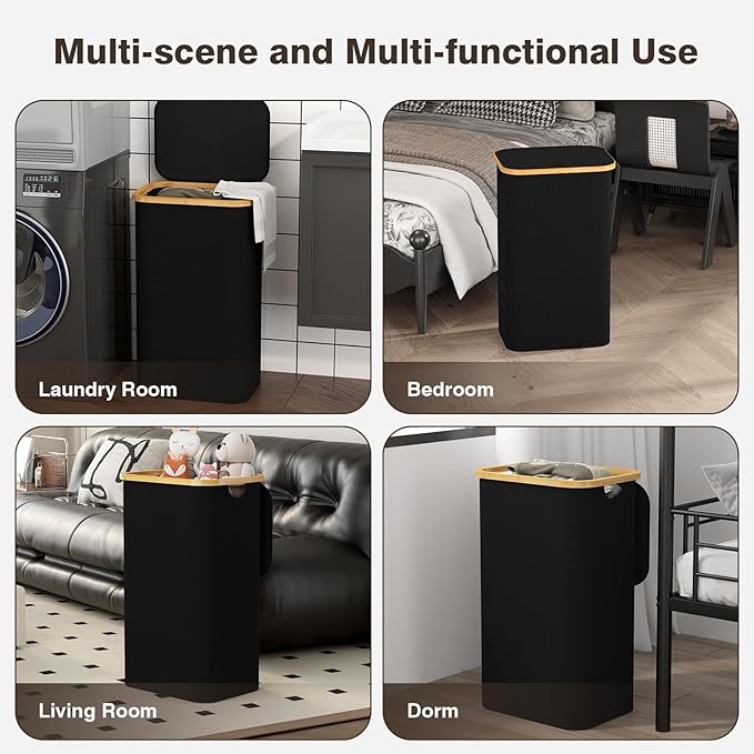 100L Laundry Hamper with Lid, Large Laundry Basket with Bamboo Handles, Clothes Hampers for Laundry with Removable Bag, Dirty Clothes Hampers for Bedroom Aesthetic, Black