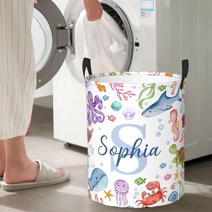 Custom Sea Animal Laundry Baskets, Personalized Ocean Themed Gifts with Customized Name, Collapsible Laundry Hamper for Kids Adults Home Decoration,16.5 X 13.8in