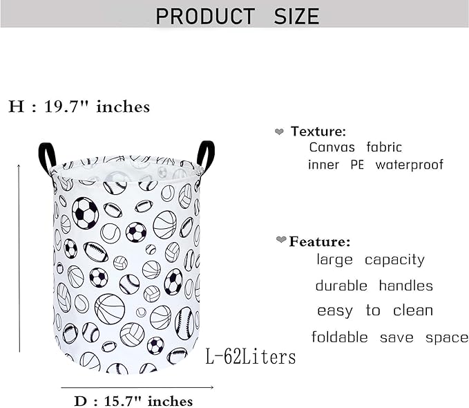 KUNRO Round Laundry Gift Basket Storage Hamper, Clothes Storage Organizer Bins, Shelf Basket with Handles for Room Decor (Sports ball)
