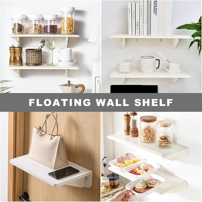 Veemoon Wall-Mounted Folding Storage Shelf White Adhesive Floating Rack Space-Saving Organizer for Kitchen Bathroom Home
