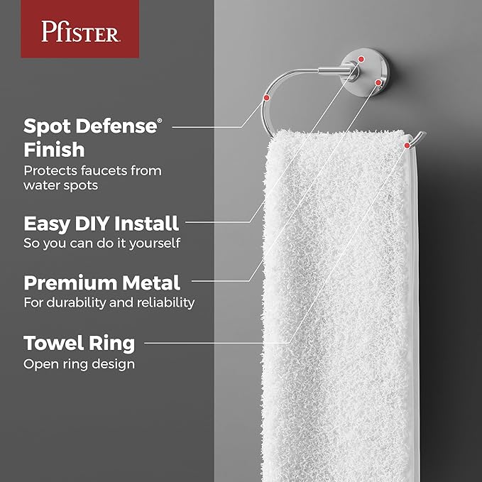 Pfister Vedra Towel Ring, Hand Towel Holder for Bathroom, Wall-Mounted, Screw-in, Polished Chrome Finish, BRBVED0C