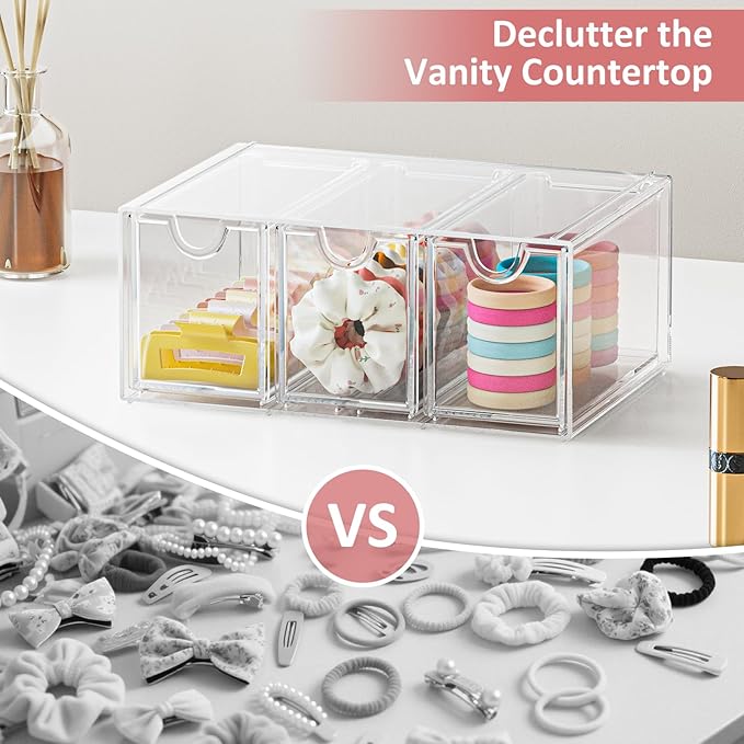 Hair Accessories Organizer for Girls, Clear Acrylic Hair Tie Bow Claw Clip Scrunchie Holder with 3 Drawers, Cute Stackable Storage Container Caddy Box for Bathroom Vanity Countertop